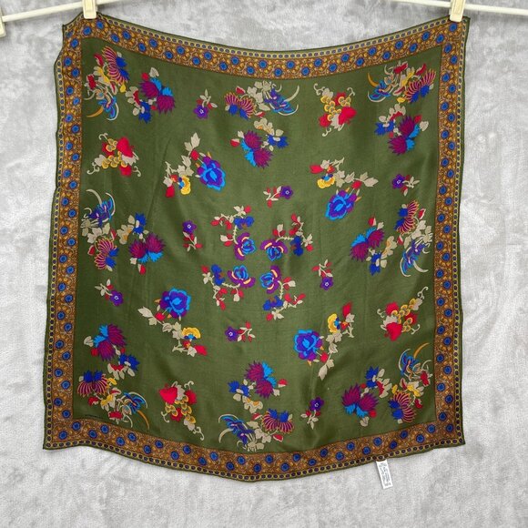 Vintage Floral Print 100% Silk Large Square Scarf Olive Green Made in Japan - Picture 11 of 13